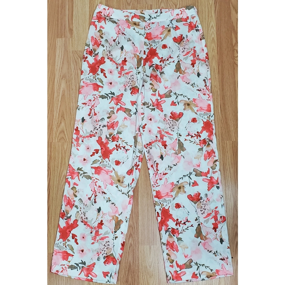 NWT Ming Wang S watercolor floral wide leg hi waist satin pants sunkissed coral